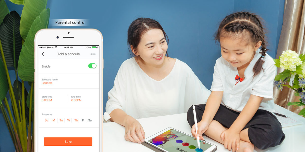 A female watching a little girl drawing on a tablet. Next to them is a phone in standing position with screen showing “Add a schedule” interface of Tenda Wi-Fi App